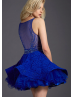 Royal Blue Lace Beaded Sheer Sexy Knee Length Prom Dress